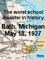 A school board member named Andrew Kehoe, upset over property taxes, killed his wife, all his farm animals, chopped down all his trees, then drove to town and wired the school with dynamite and set it off on the morning of May 18, 1927. Kehoes actions killed 45 people, 38 of whom were children.